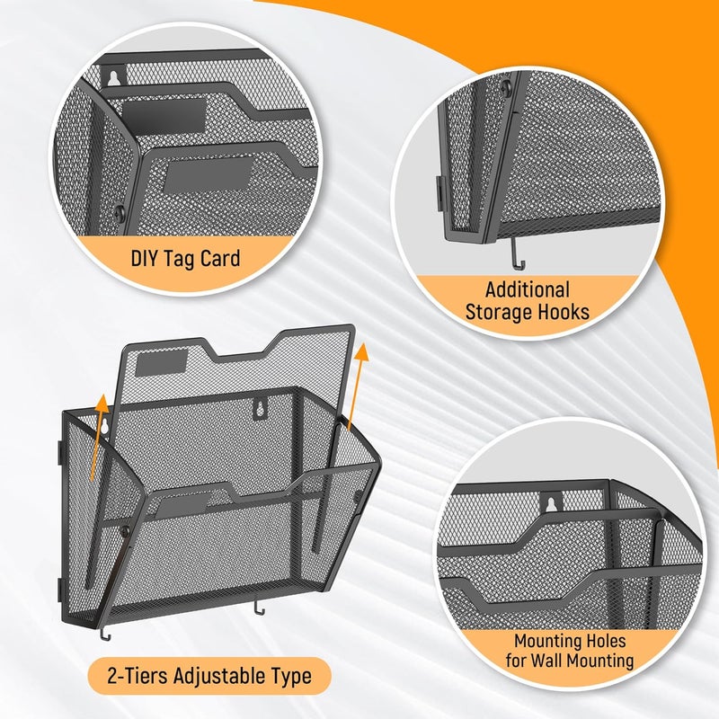 Docnest 2 Tier Mesh Wall File Holders with Hooks – 3 Pack Hanging Letter Holder - Document Organizer for Mail, Paper, Office, Home, School – Space-Saving Wall Mounted Folder Holder – Black - Image 4